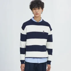 Hoodies L Pullovers-SPAO Men Long Sleeve Stripe Pullover SPKWE11C52