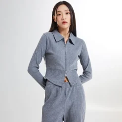 Jackets-SPAO Women Long Sleeve Zip Up Cardigan SPMZE37G02 Grey