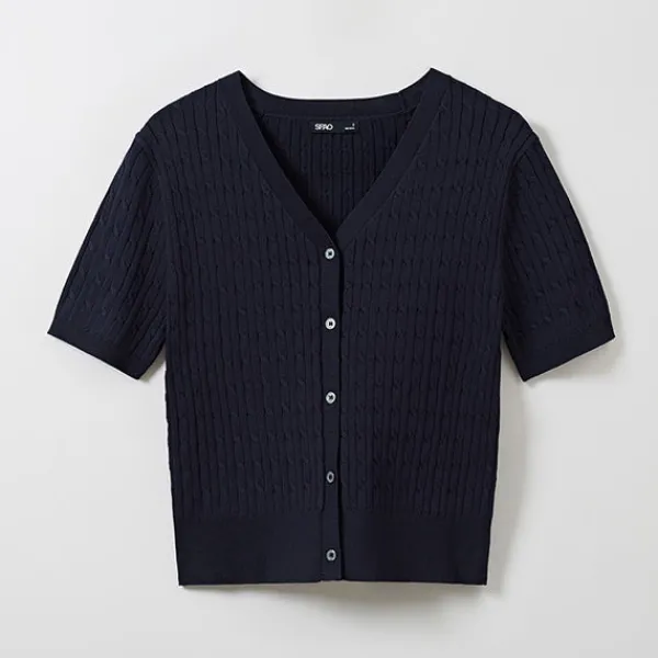 Cardigans L Sweaters-SPAO Women Short Sleeve Cable Cardigan SPCKE25G06 Navy